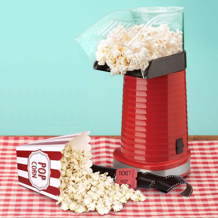 Red popcorn maker with popped popcorn  - Buy Now Round Waffle Maker + Popcorn Maker