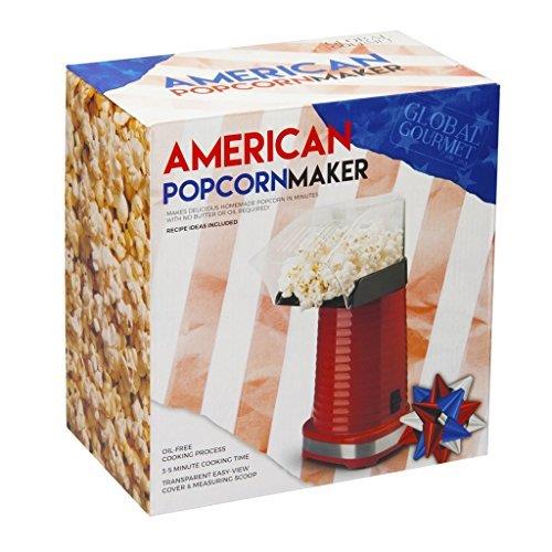 Box of American Popcorn Maker with popcorn and machine imagery - Buy Now Round Waffle Maker + Popcorn Maker