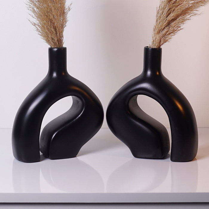 Vase nordique en céramique - Lot de 2 vases en céramique - Élément décoratif noir élégant - Africancreates