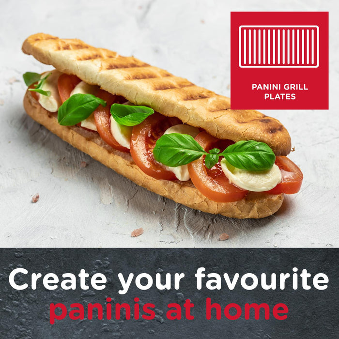 Panini with tomatoes and greens on a white surface, with 'Panini Grill Plates' branding. Waffle, Deep Fill Sandwich, Grill & Panini Maker - Buy Now