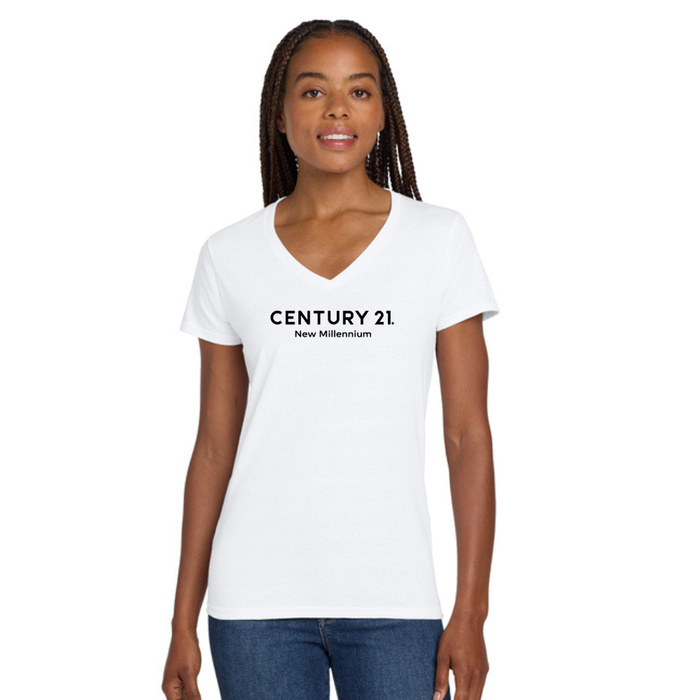 Wordmark V Neck Tee, White Ladies | New Millennium