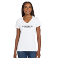 Wordmark V Neck Tee, White Ladies | New Millennium