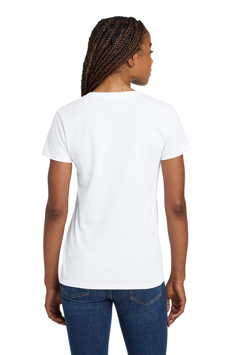 Wordmark V Neck Tee, White Ladies | New Millennium