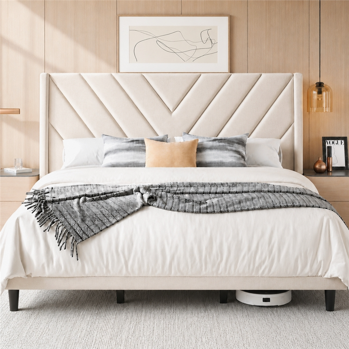 Yaheetech King Velvet Upholstered Bed Frame with Headboard